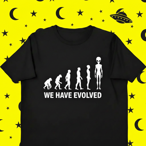 Black t-shirt with white alien evolution graphic